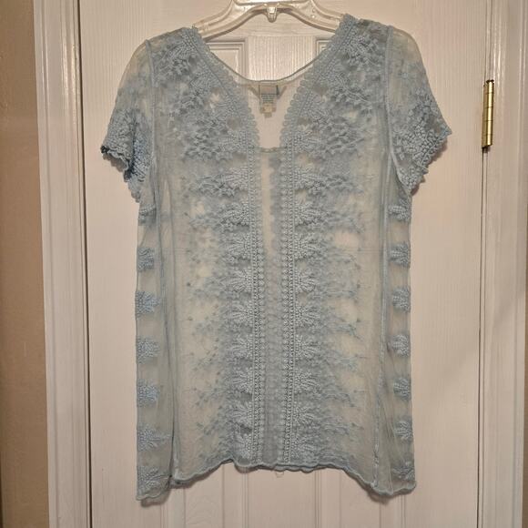 Sz Med SUNDANCE Light Blue Embroidered Mesh Blouse - Picture 2 of 7